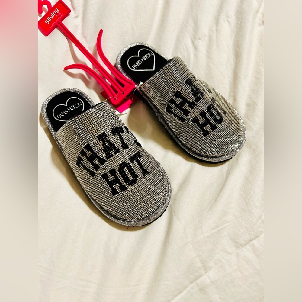 Paris Hilton Rhinestone Slippers, sz 5/6, That’s Hot, NEW with tags